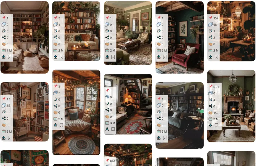 The same Pinterest board with Pin Stats — saves, likes and comments shown on every pin