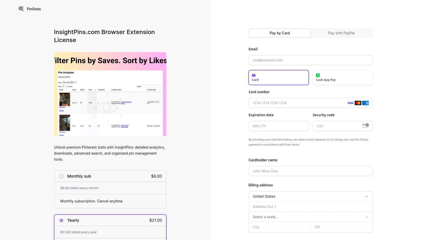 The Pin Stats pricing page showing the Monthly, Annual, and Lifetime plans