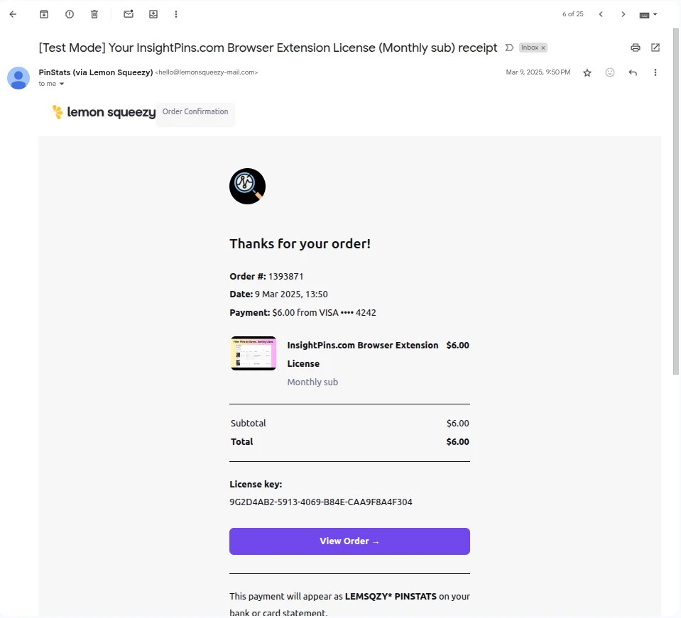 The purchase confirmation email from PinStats via Lemon Squeezy, containing the license key