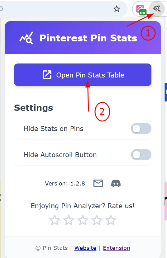 The Pin Stats extension popup with the 'Open Pin Stats Table' button highlighted