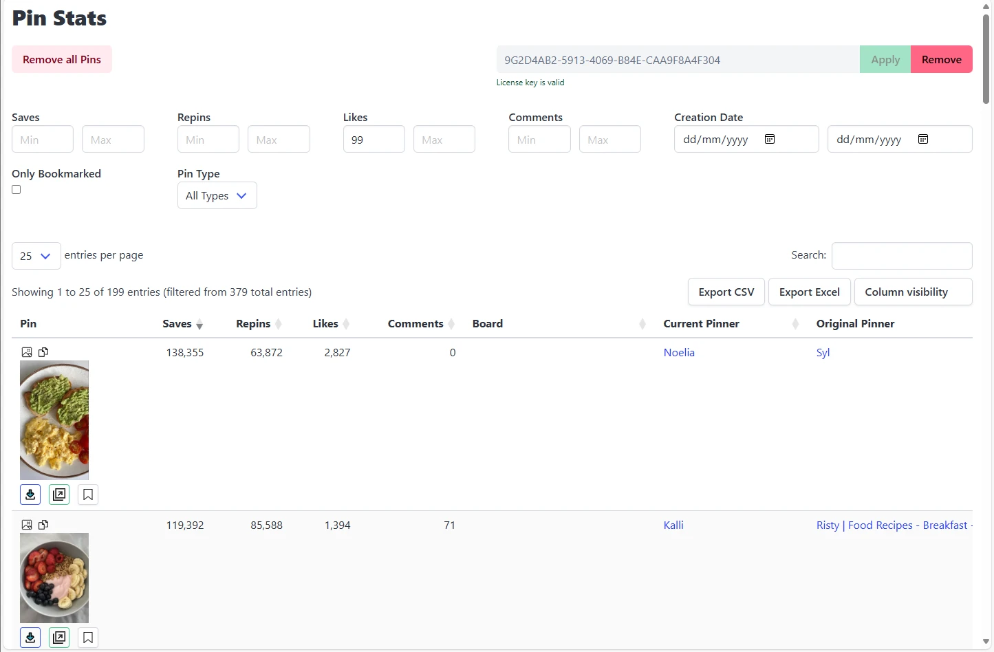 The Pin Stats table with premium features unlocked after license activation