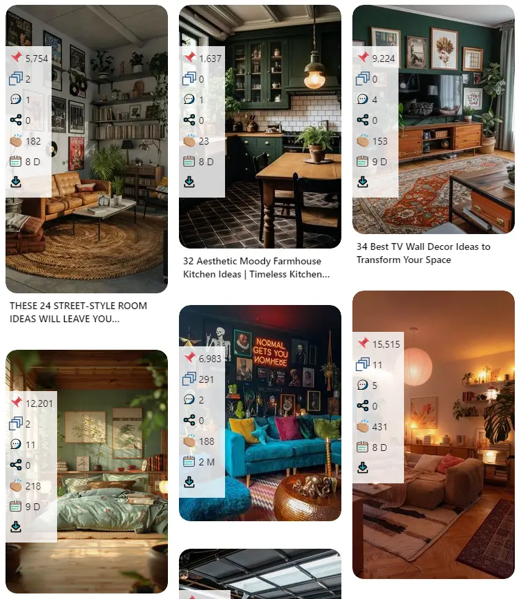 Pinterest pins with the Pin Stats overlay showing saves, repins, likes, and comments