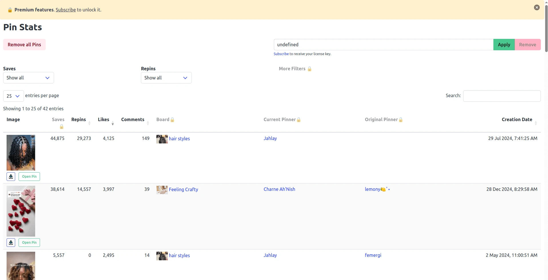The Pin Stats table in the free version, showing filtering, sorting, and keyword search