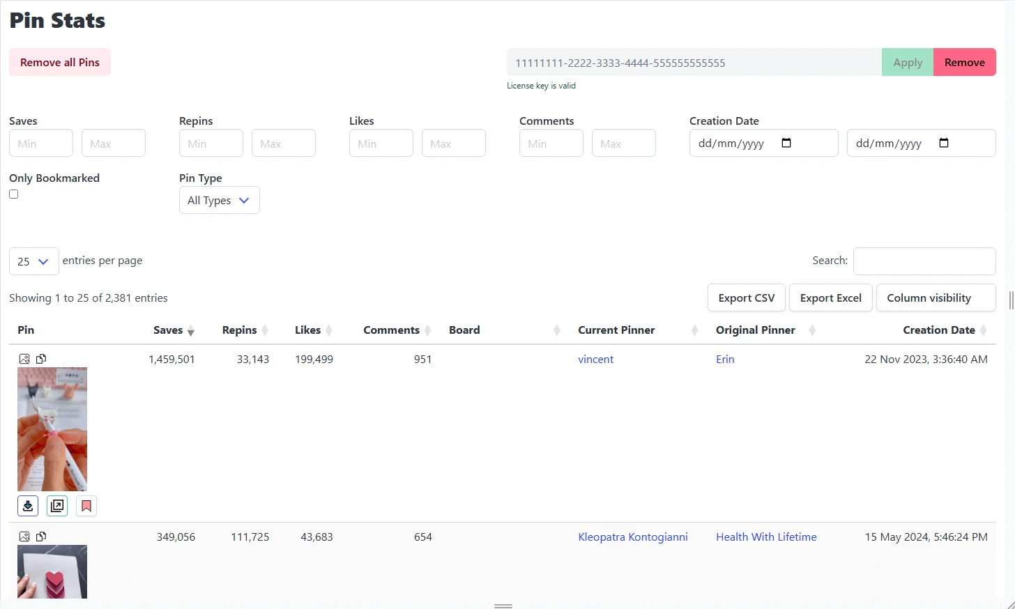 The Pin Stats table in the paid version, showing advanced filters and export options