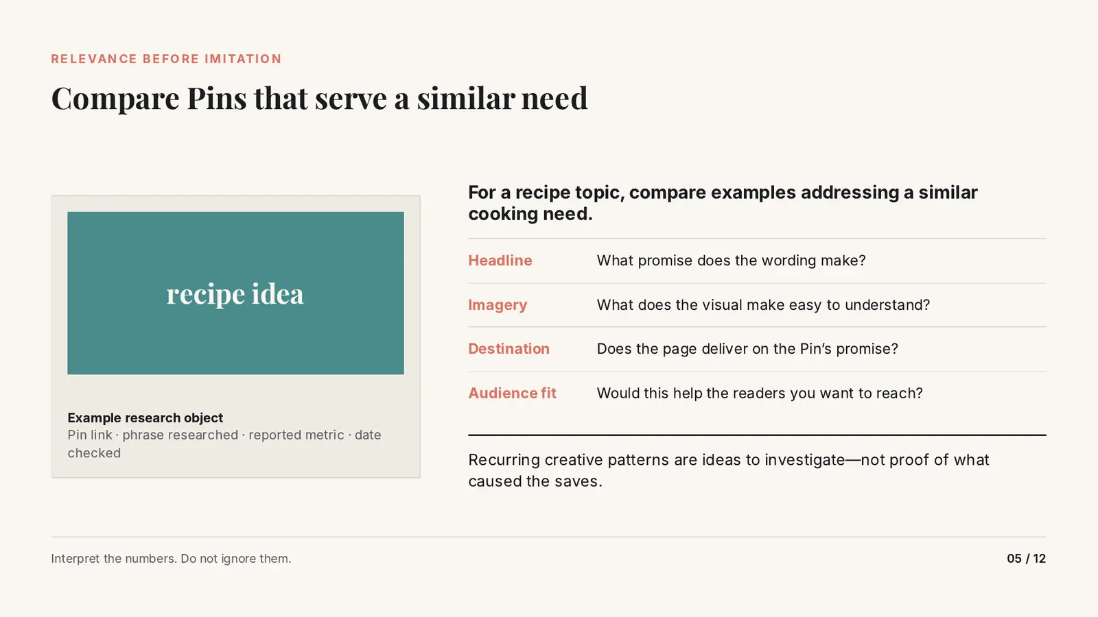 Slide 5 of 12: Compare Pins that serve a similar need, by headline, imagery, destination and audience fit.
