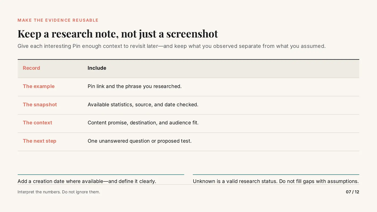 Slide 7 of 12: Keep a research note, not just a screenshot. The example, the snapshot, the context and the next step.
