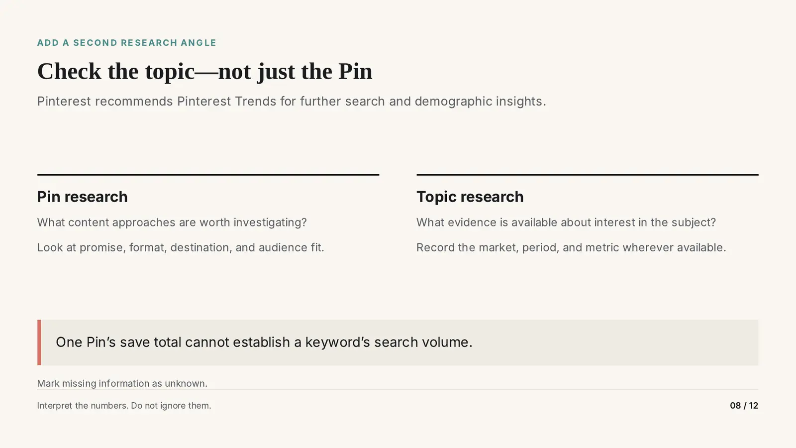Slide 8 of 12: Check the topic, not just the Pin. Pin research beside topic research.